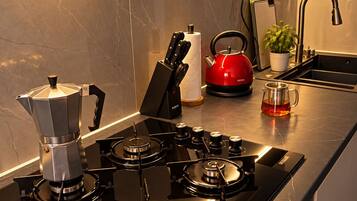 A modern kitchen with a gas stove, a kettle, a sink, and a countertop.