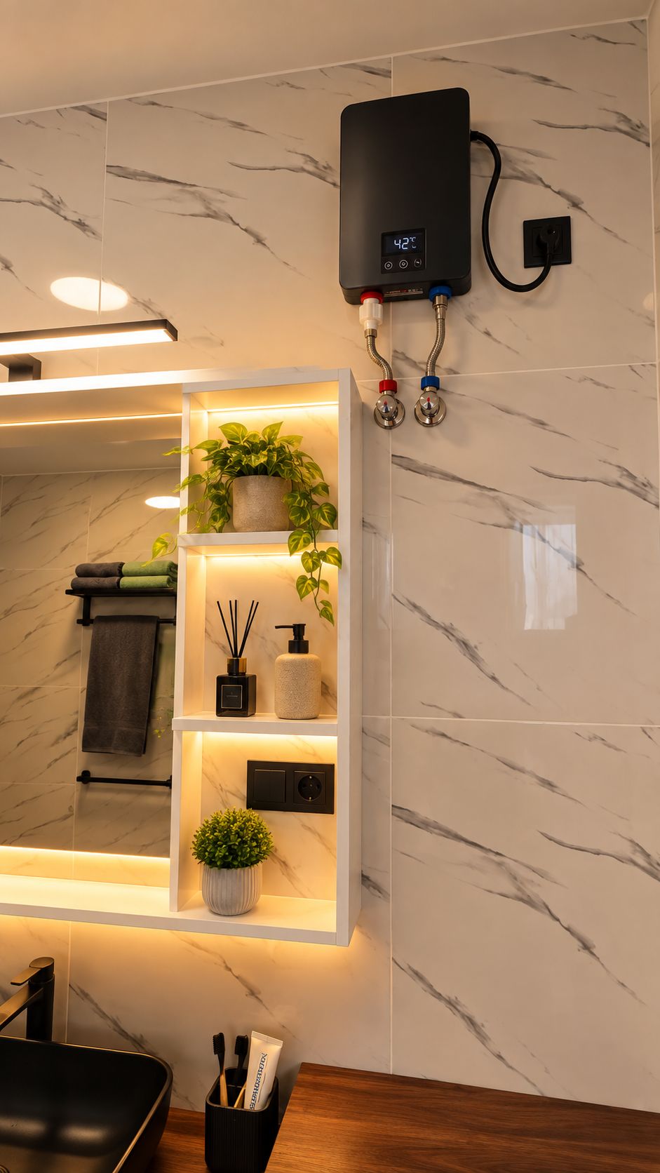 A bathroom with a marble wall, a built-in mirror, a towel rack, a shelf with toiletries, and a black sink.