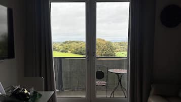A room with a sliding glass door leading to a balcony with a view of a green landscape and trees.