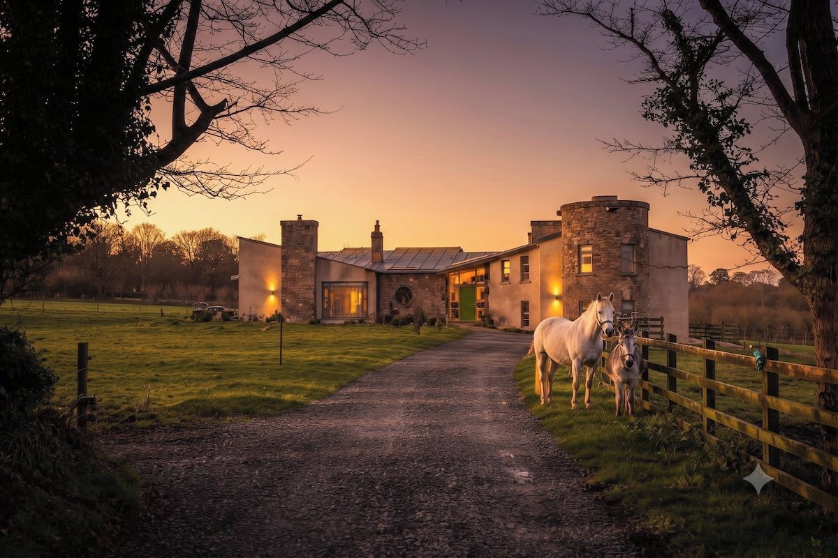 Un edificio rústico con fachada de piedra, camino de entrada pavimentado y un área cercada con caballos.