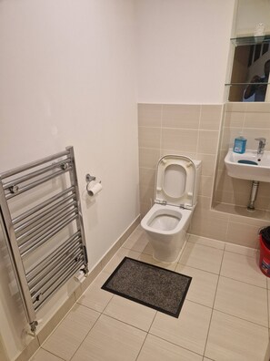 A small bathroom with a toilet, a sink, a mirror, and a towel rack.