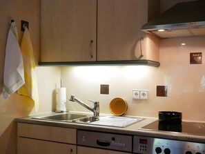 A modern kitchen with a stainless steel sink, a built-in oven, and a microwave. - Apartment 1 with Garden and Wi-Fi (Lauf)