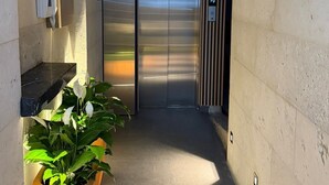 A narrow hallway with a modern elevator, a phone, and potted plants. - Lovely 3 BDRM Apartment in Napoles, CDMX. (Ciudad de México)