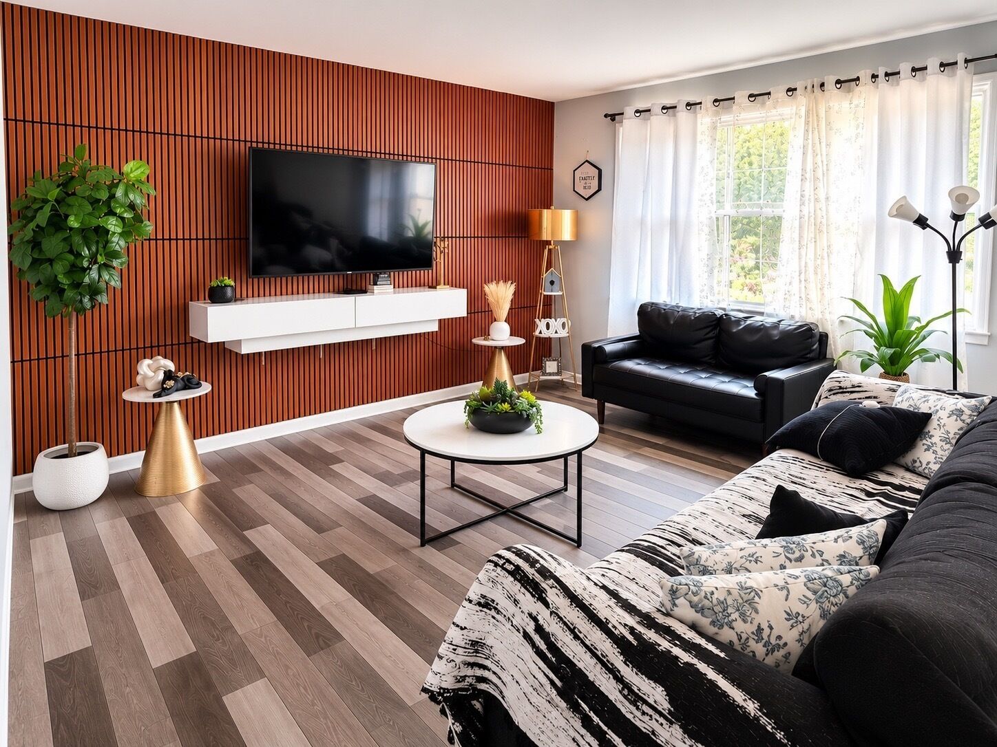 Una sala de estar moderna con un televisor de pantalla plana, un sofá de cuero negro, una mesa de centro redonda y una pared de acento de madera.