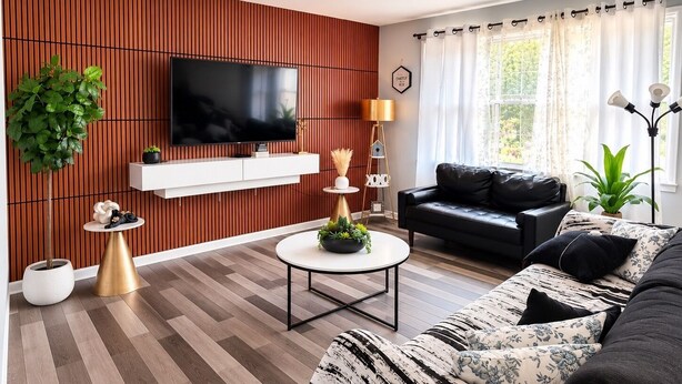 Een moderne woonkamer met een flatscreen televisie, een zwarte leren bank, een ronde salontafel en een houten accentmuur.
