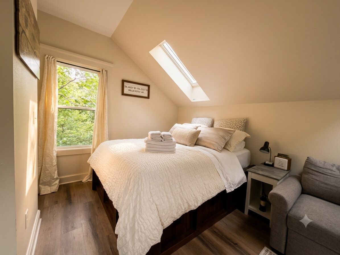 Un dormitorio con cama, mesita de noche, lámpara, ventana con cortinas y tragaluz.
