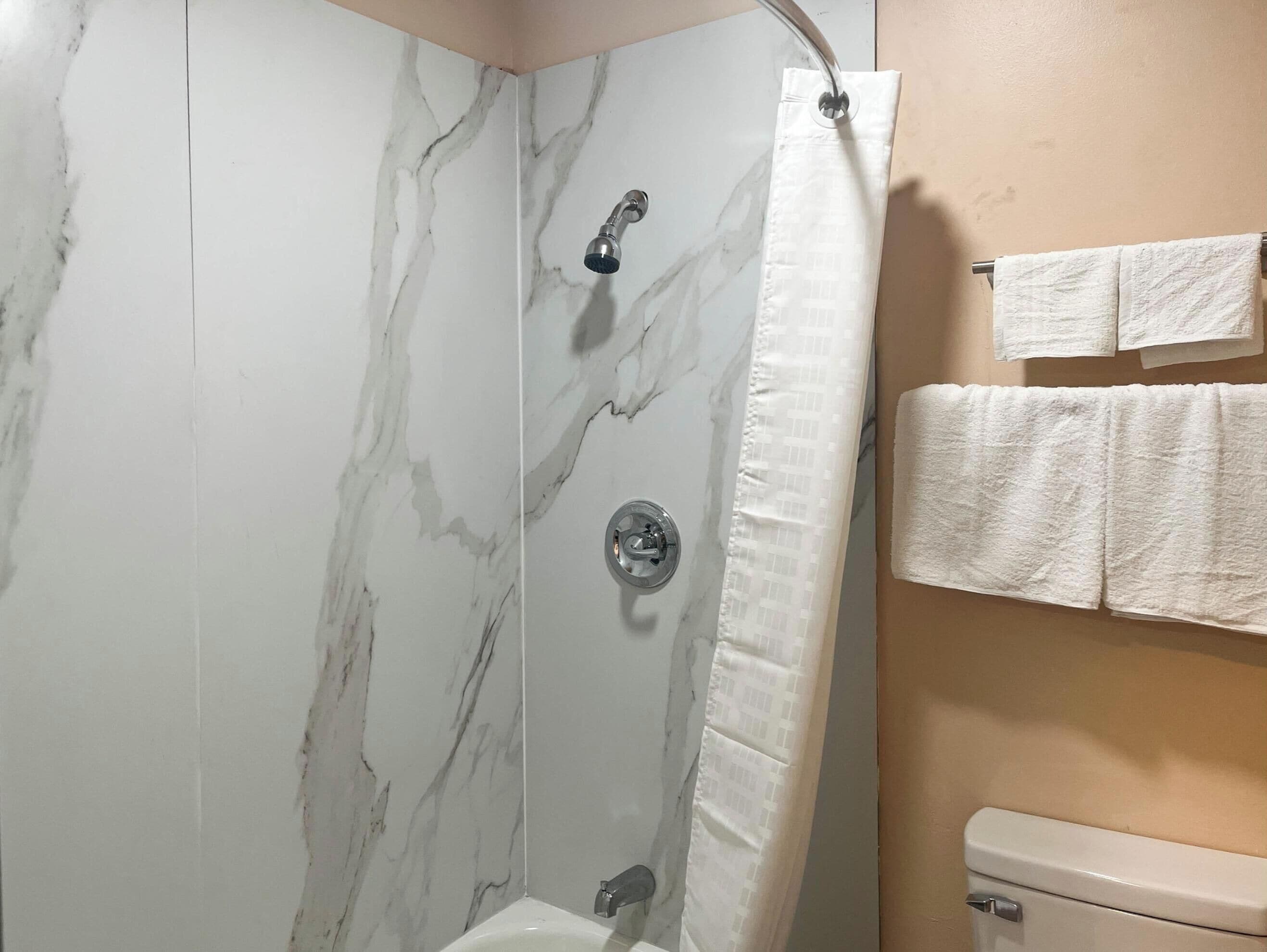 Separate tub and shower, free toiletries, towels, toilet paper