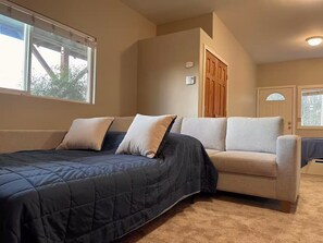 Een slaapkamer met een bed, een bank, een raam en een deur.