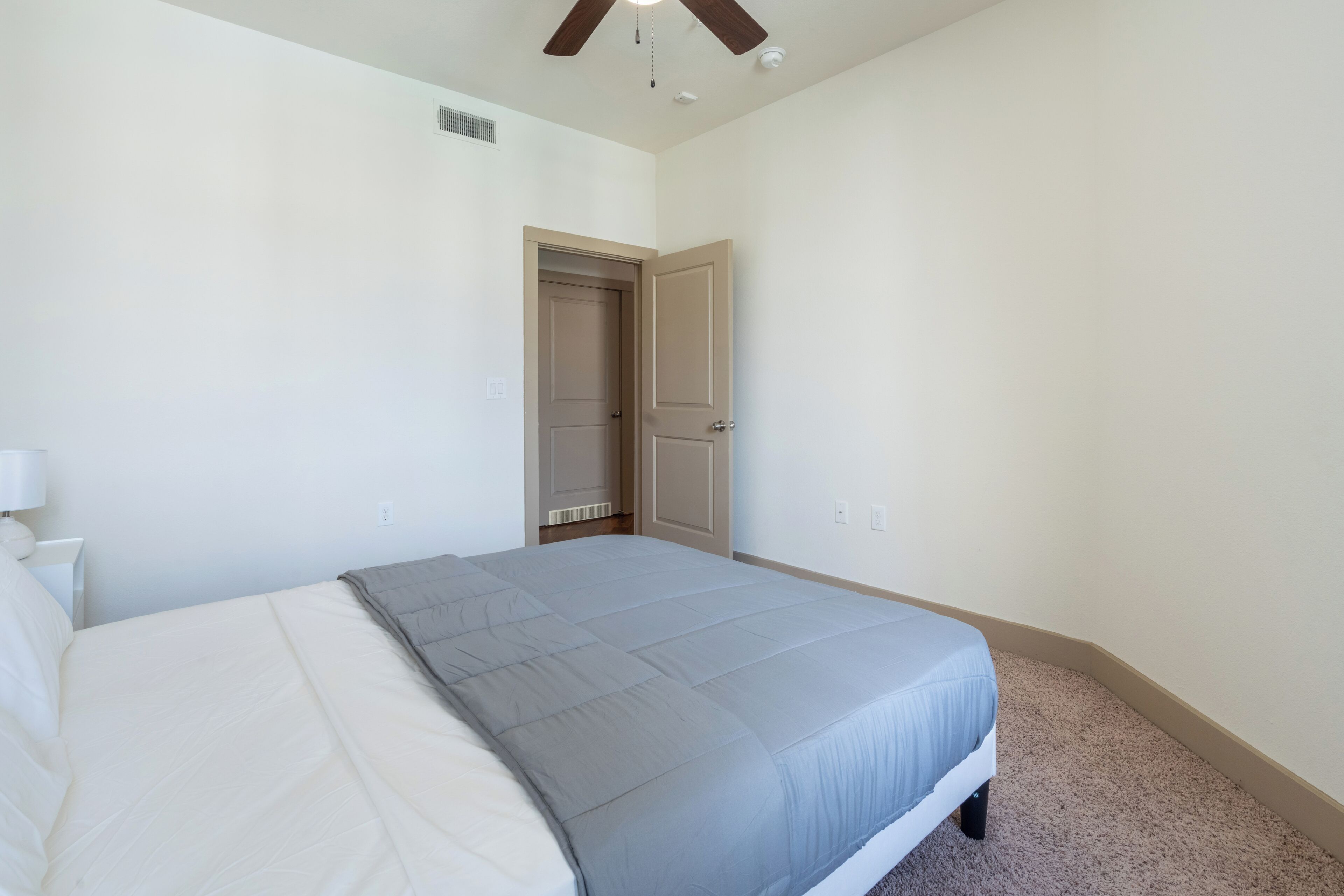 A bedroom with a bed, a door, and a ceiling fan.