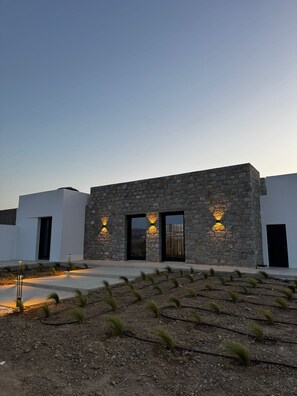 A modern building with a stone facade, large glass doors, and a landscaped area with young trees. - Mister X Private Villa with Pool & 3 Bedrooms in Naxos (Naxos)