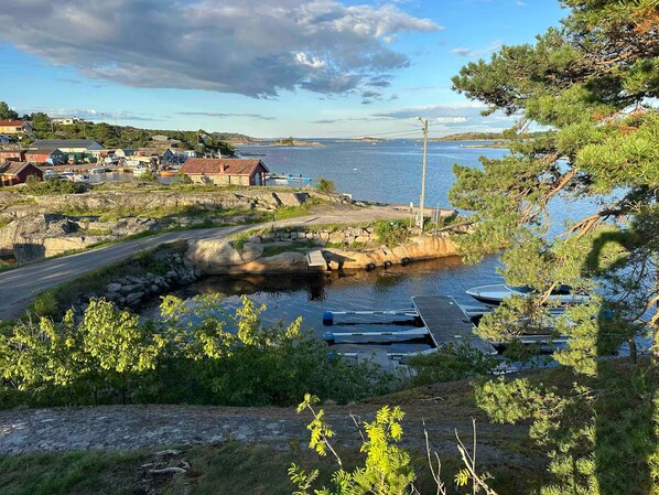 A coastal area with a dock, boats, and a small settlement with buildings.