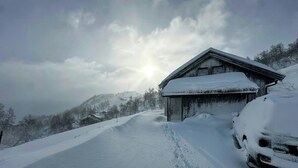 A snow-covered road leading to a wooden cabin with a car parked beside it. - Mountain cabin in Ljosland with ski-in access (Åseral)