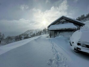 A snow-covered road leading to a wooden cabin with a car parked beside it. - Mountain cabin in Ljosland with ski-in access (Åseral)