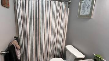 Shower, towels, soap, toilet paper