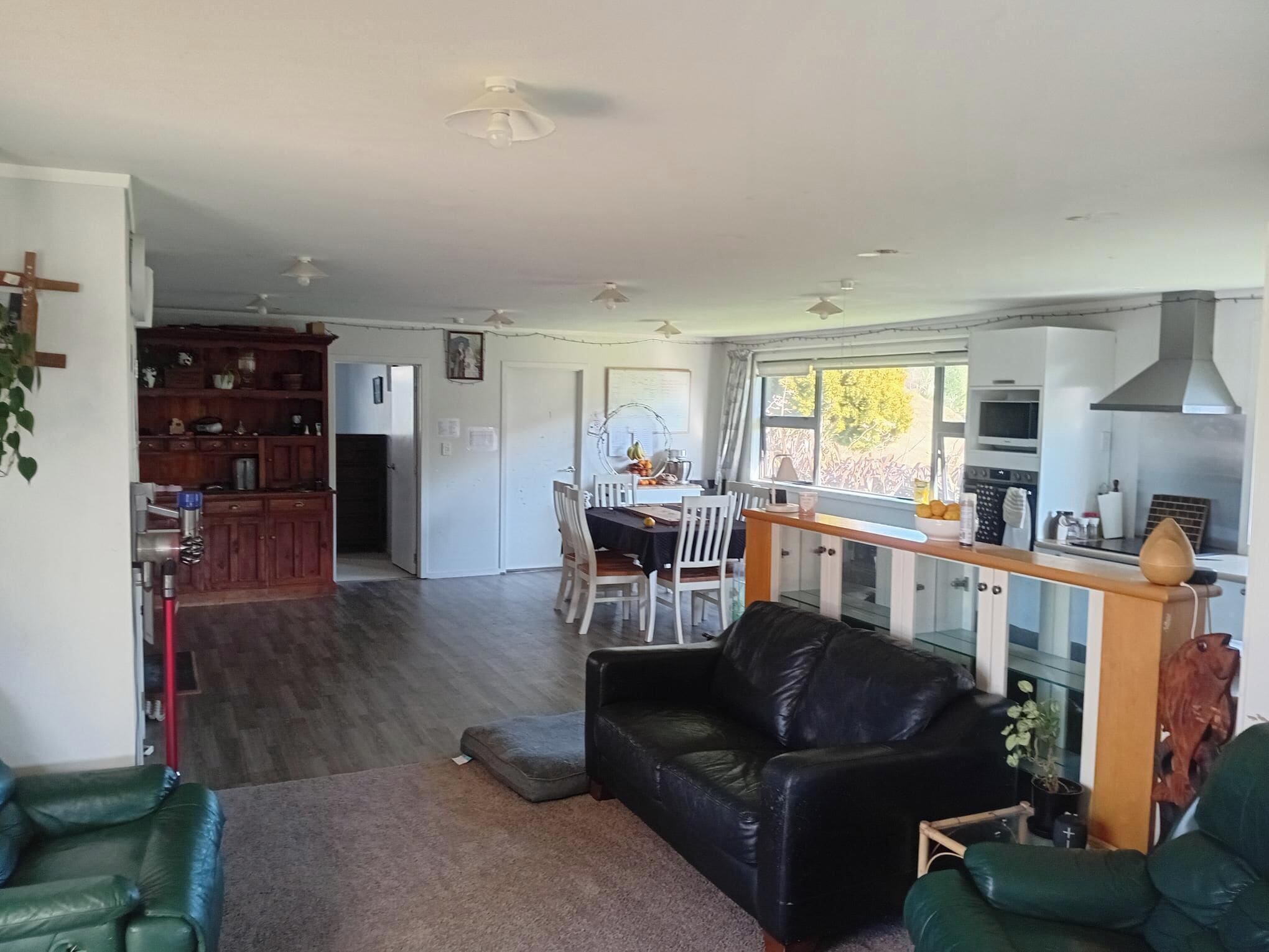 A spacious living area with a leather sofa, a dining table with chairs, and a kitchen with modern appliances.