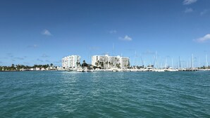 A marina with multiple boats and a large hotel building in the background. - Tres Soles - Private Island Escape - Family Friendly - Isleta Marina (Fajardo)