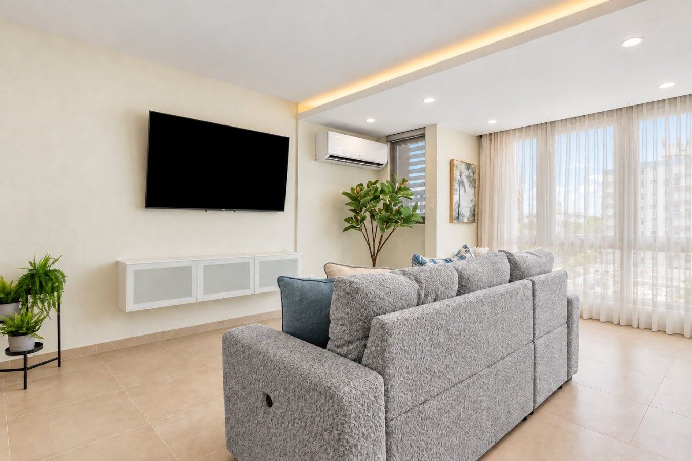 A modern living room with a flat-screen TV, a grey sofa, a potted plant, and a window with sheer curtains.
