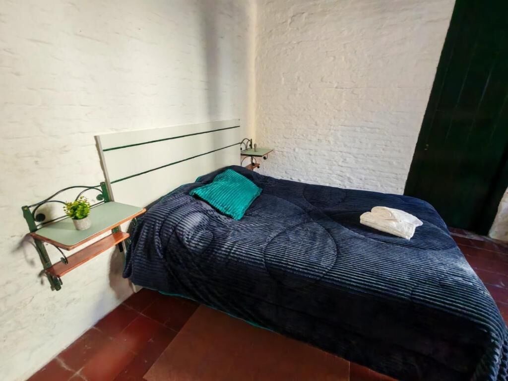 A single bed with a dark patterned bedspread, a teal pillow, and a white towel on the bed. A small table with a plant is attached to the wall beside the bed.