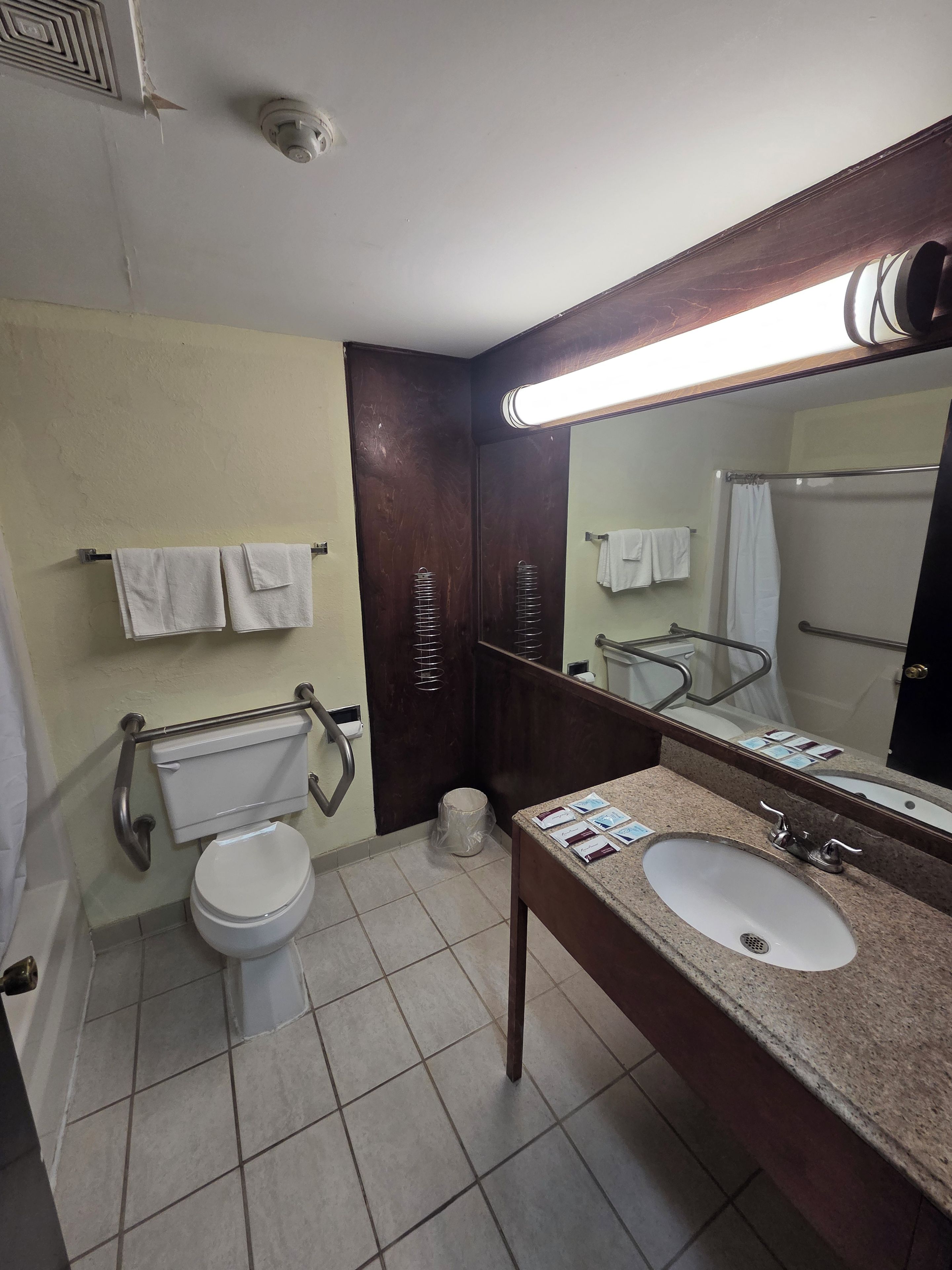 Un baño de hotel estándar con inodoro, lavamanos y espejo.