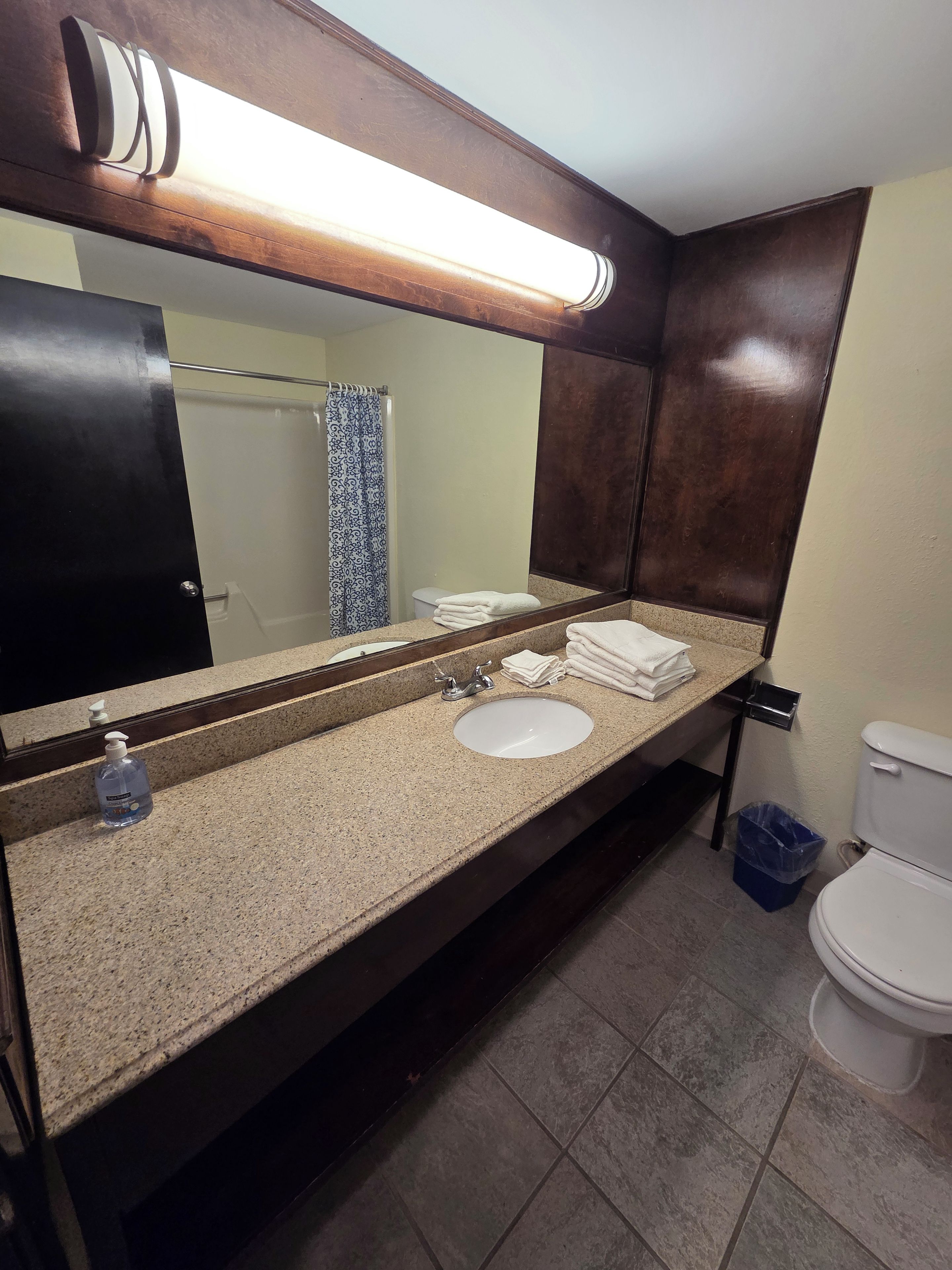 A bathroom with a large mirror, two sinks, a toilet, and a shower curtain.
