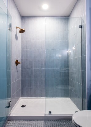 A modern shower with glass walls and a white floor. - Hollyhock Suite 306: 1 bed + 1 loft bed/1 bath (Louisville)