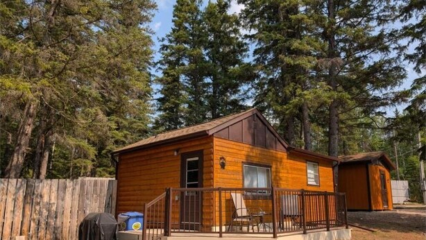 Une cabane en bois avec une terrasse, un barbecue couvert et une table de pique-nique.