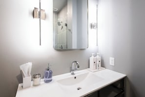 A modern bathroom with a white sink, a large mirror, and a glass shower enclosure. - Hollyhock Suite 303: 2 Bed/1 Bath (Louisville)