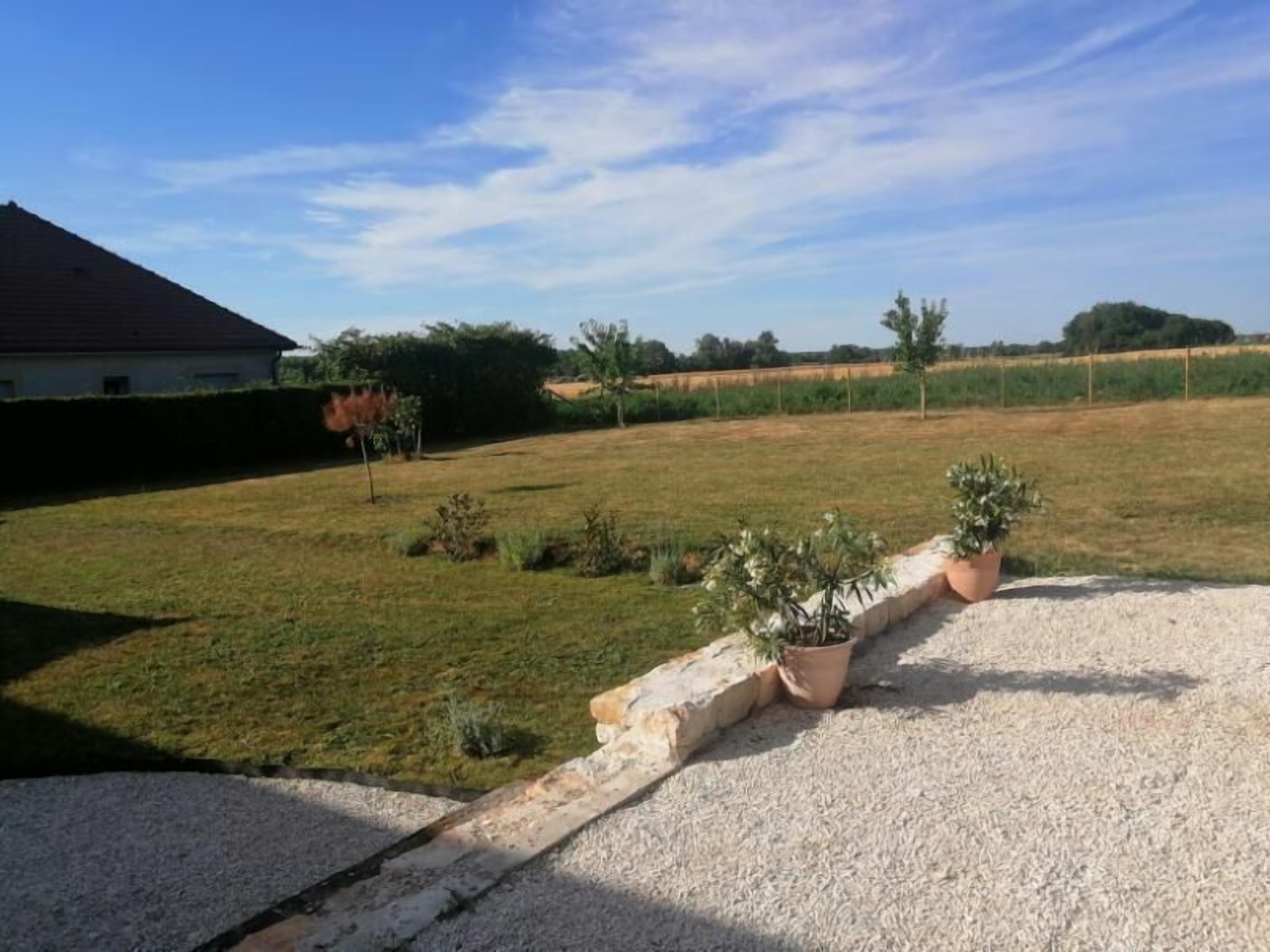 Una proprietà residenziale con vialetto sterrato, giardino e casa con tetto a falde.