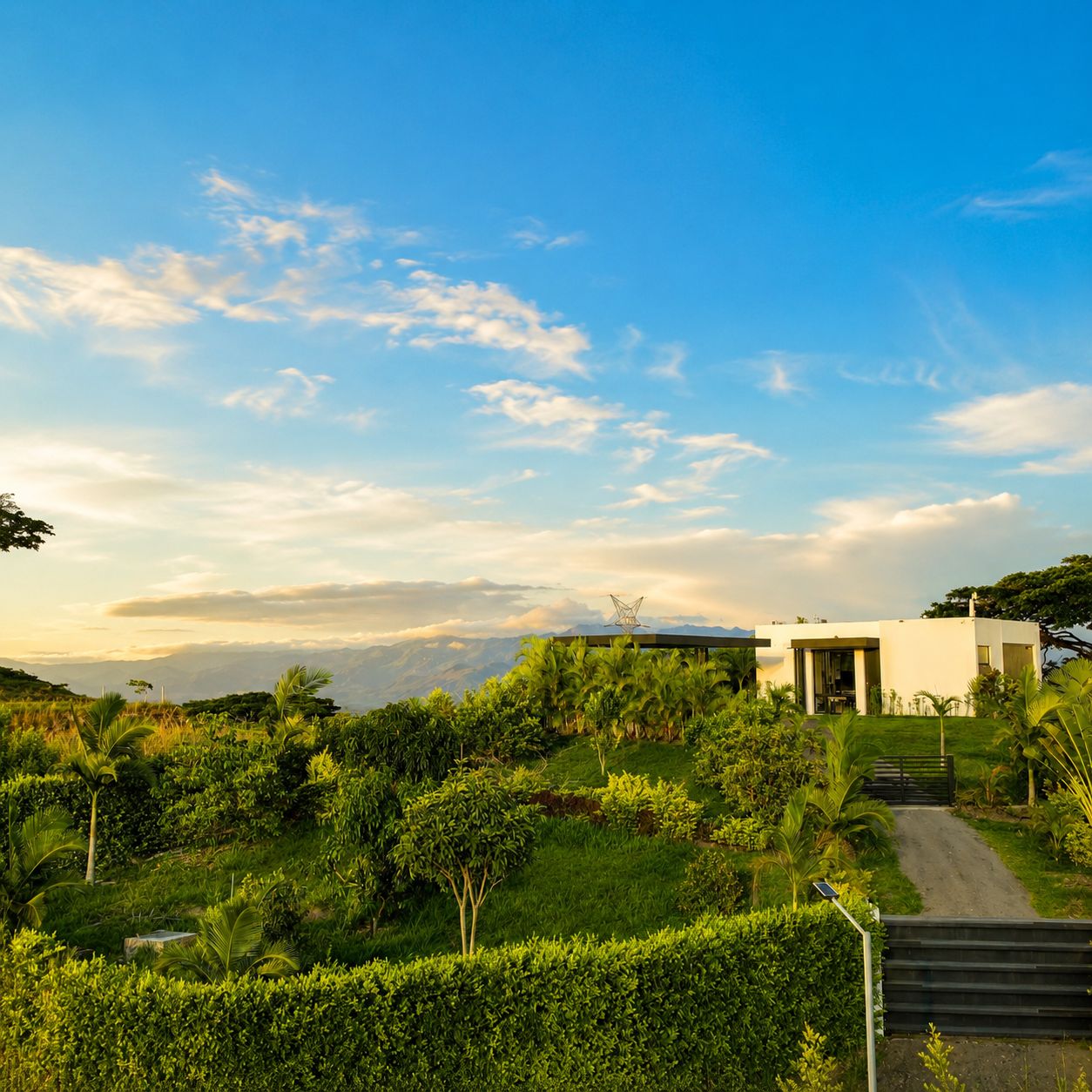 A modern building with a pathway leading to a gated entrance, surrounded by lush greenery and a clear sky.