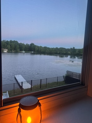 A view through a window with a railing, a body of water, and a distant shoreline.