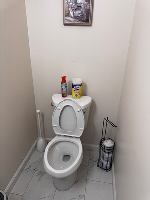 A bathroom with a toilet, a plunger, a Lysol spray bottle, and a toilet brush holder. - 3-bedroom house in tranquil Philadelphia with cool Central Air (Philadelphia)