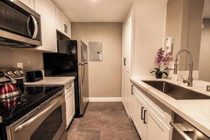 Una cocina con electrodomésticos de acero inoxidable, un lavamanos doble y una orquídea en maceta.