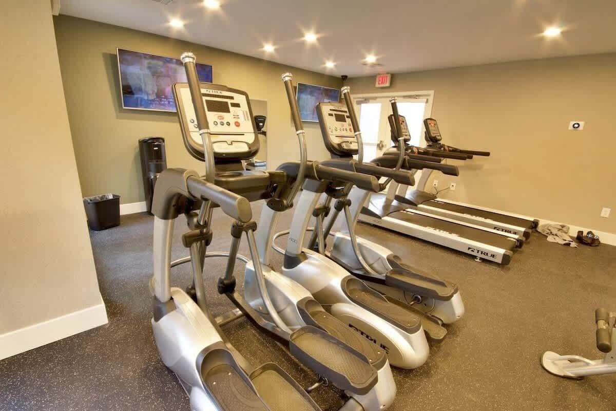A gym with treadmills and elliptical machines.