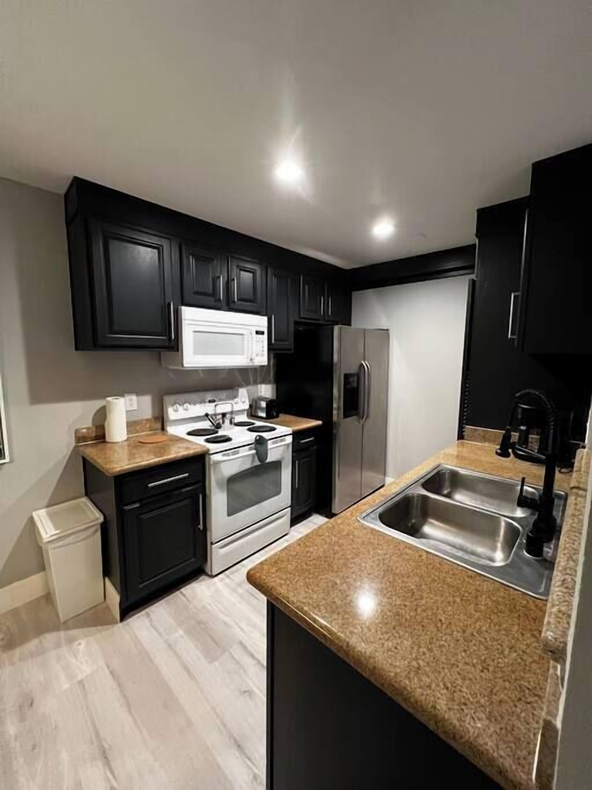 A modern kitchen with dark cabinets, stainless steel appliances, and a granite countertop.