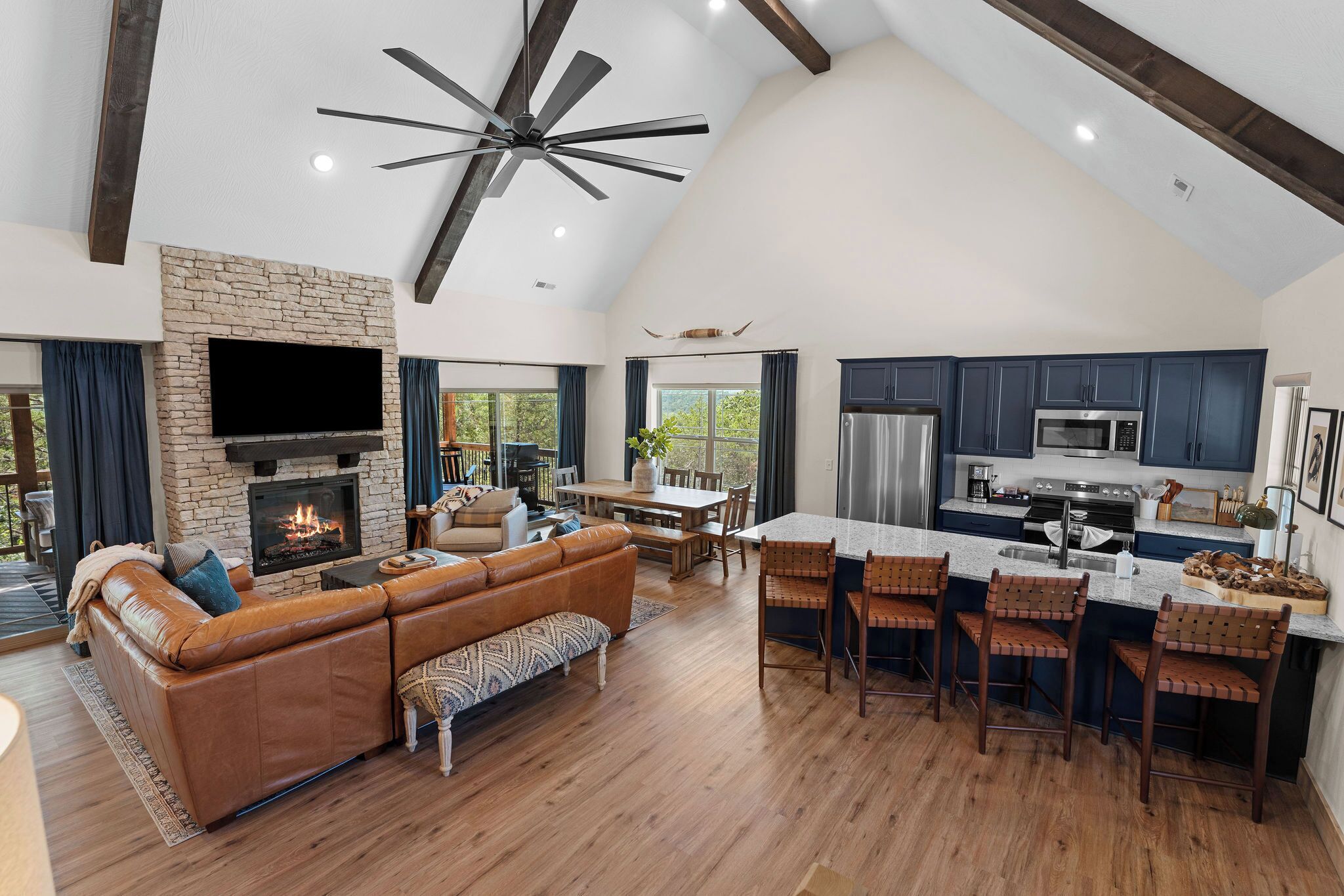 Smart TV, fireplace, books