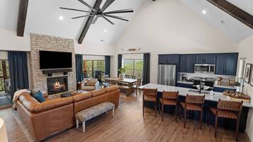 Smart TV, fireplace, books