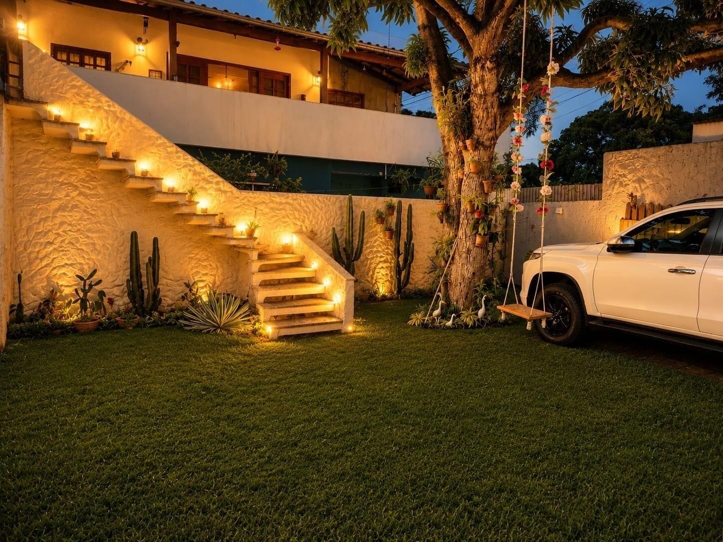 A white car parked next to a staircase with outdoor lighting, surrounded by cacti and plants.