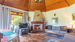 Una sala de estar acogedora con chimenea, televisor y sofá.