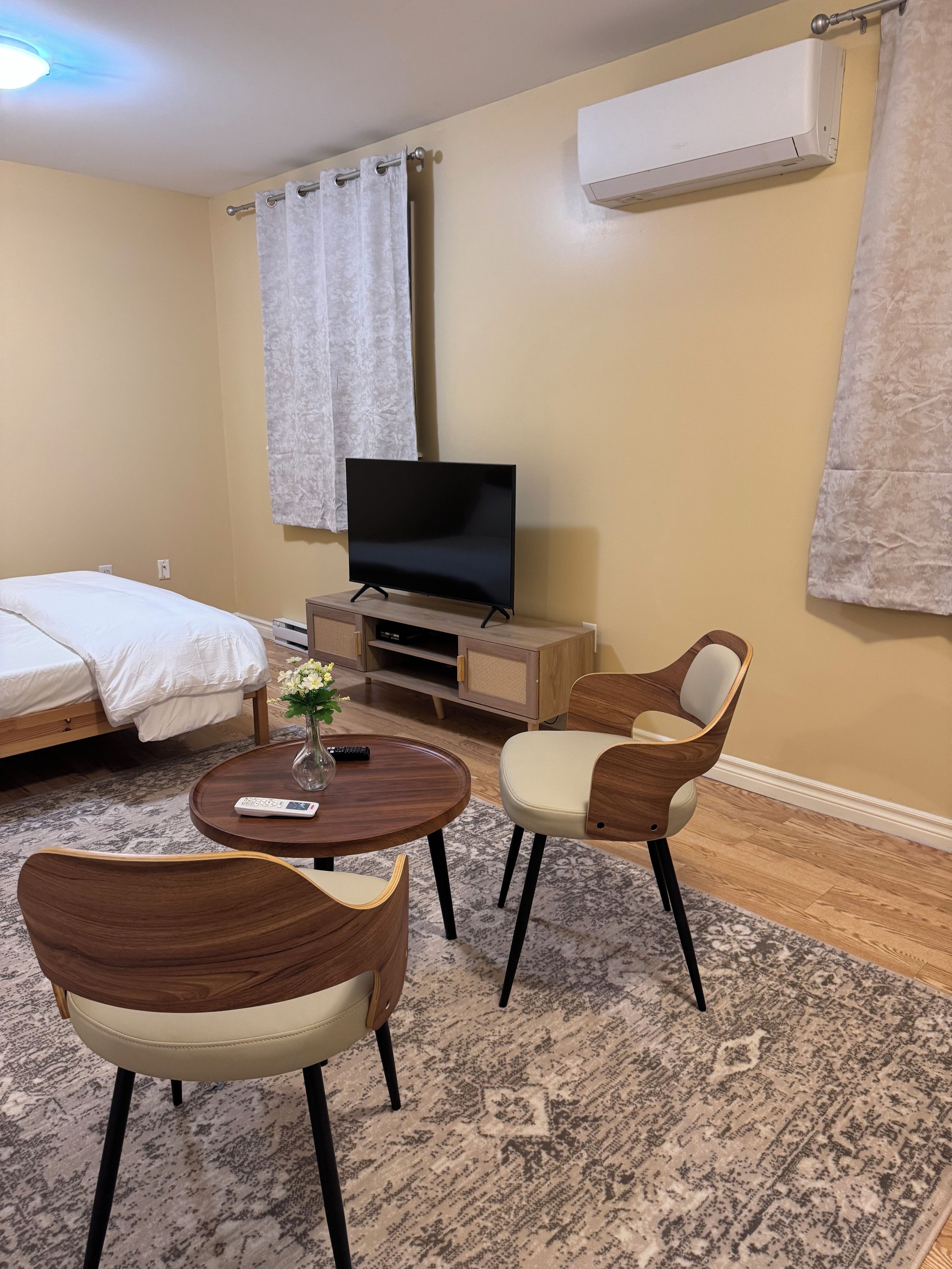 A room with a bed, a TV on a wooden stand, two chairs, a small table with a vase, and a patterned rug.