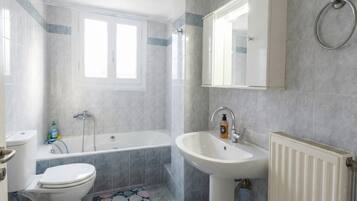 Hair dryer, towels, soap, toilet paper
