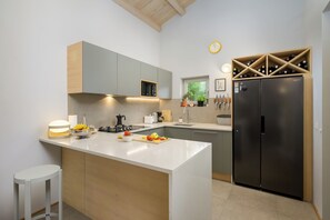 A modern kitchen with a central island, built-in appliances, and a wine storage unit. - Villa Casa LaBobina (Istria - Kurili) (Kurili)