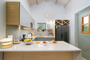 A modern kitchen with a central island, built-in appliances, and a view of the outdoors. - Villa Casa LaBobina (Istria - Kurili) (Kurili)