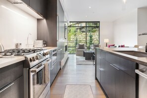 A modern kitchen with a central island, stainless steel appliances, and a view of a landscaped outdoor area. - True Ski In /Out Lift 2 BD Epic Views, Amazing Amenities; Steps to Gondola (Park City)