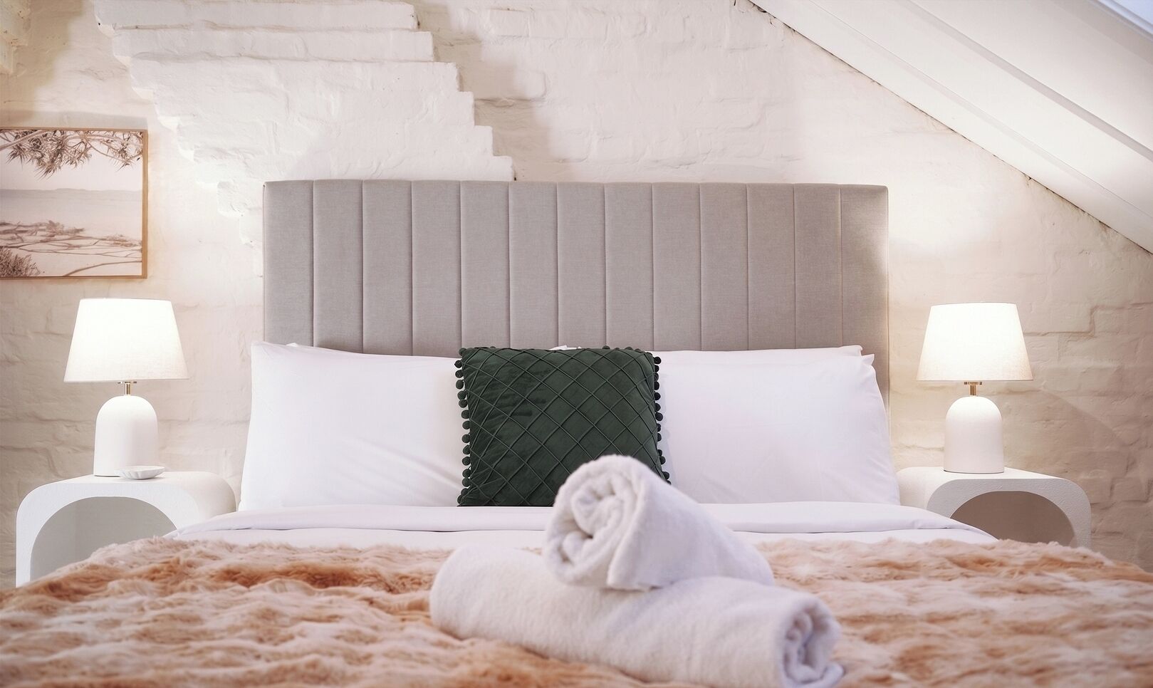 Bright and comfy bedroom with fresh bedding
