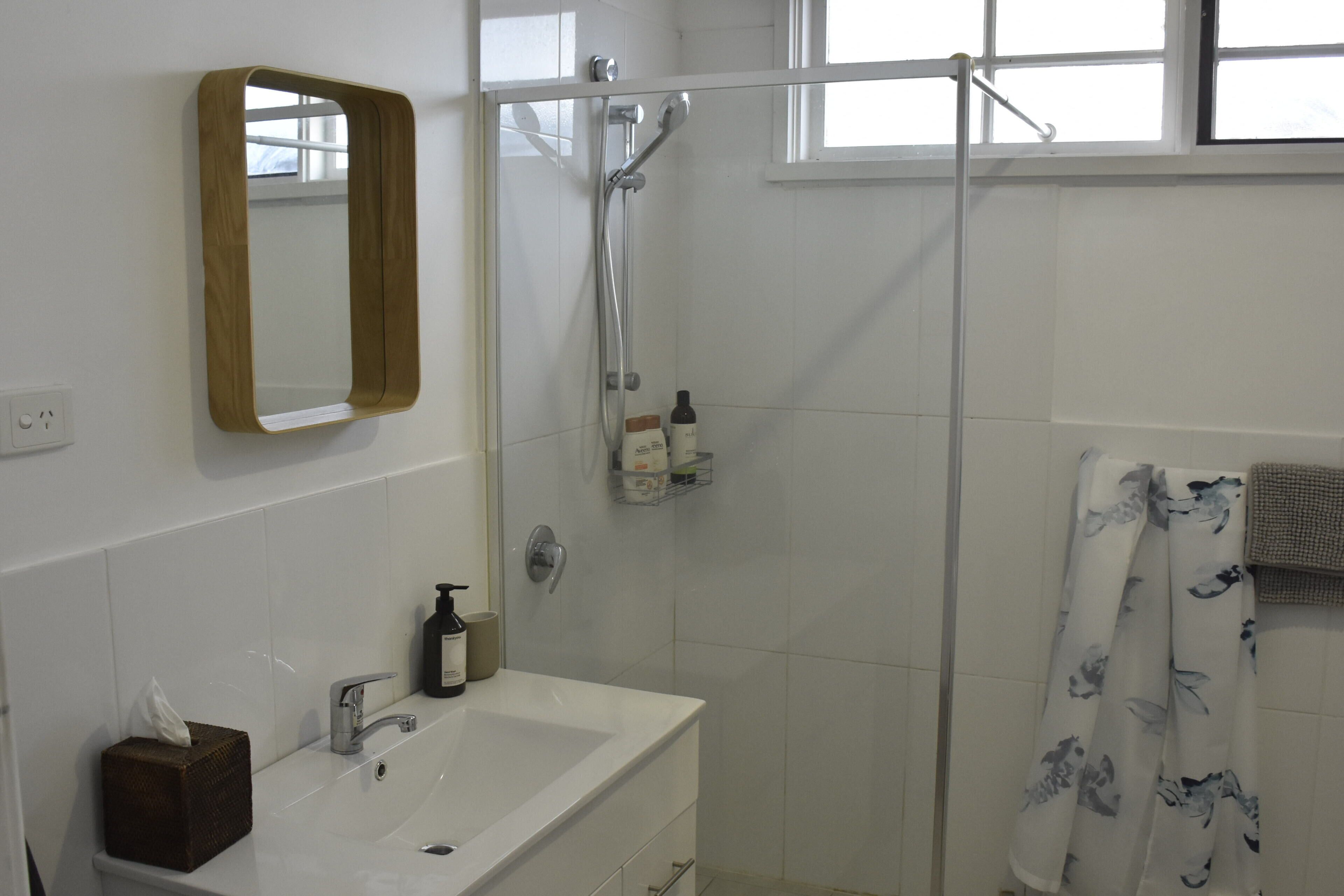 Shower, towels, soap, toilet paper