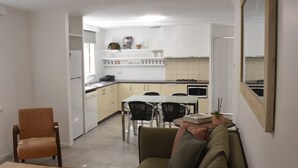Un ambiente compatto con angolo cottura, zona pranzo e divano.