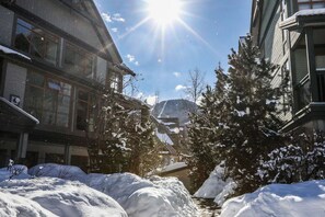 A snow-covered street with buildings on either side, a clear sky, and a mountain in the background.
