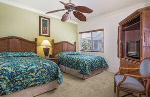 A hotel room with two beds, a ceiling fan, a television, and a window with blinds. - North Shore living 2-bedroom condo in delightful Princeville's Wyndham Bali Hai (Princeville)