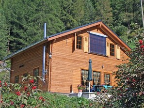 Une cabane en bois avec un toit en pente, de grandes fenêtres et une cheminée.