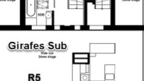 A floor plan of a hotel room labeled 'Giraffes Sub' with a bathroom, a kitchenette, and a living area. - Chalet François, (Champery). by Interhome (Champery)